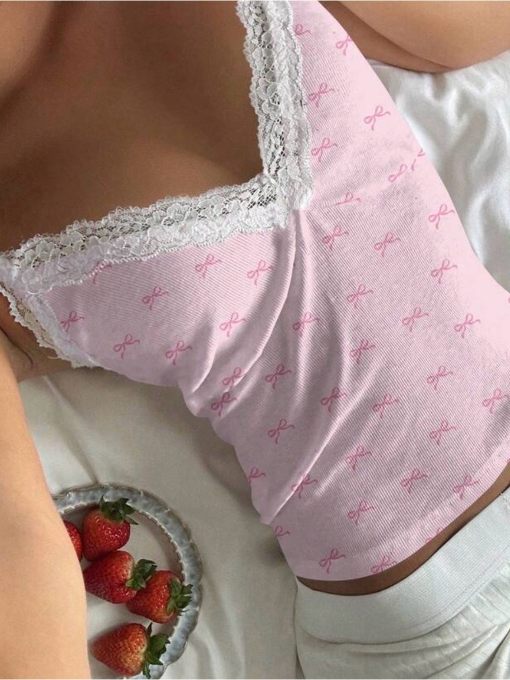 SHEIN Pink Bow Lace-Trim Cami